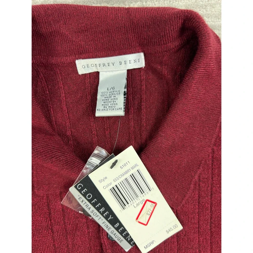 Geoffrey Beene Polo Sweater Mens Large Red Cranberry Marl Ribbed Fine Gauge NWT